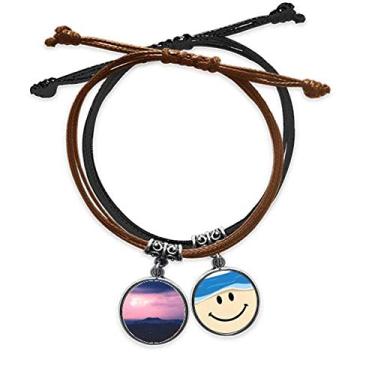 Imagem de DIYthinker Pulseira de couro rosa escuro nuvens céu art déco presente moda corrente de mão corrente de couro rosto sorridente