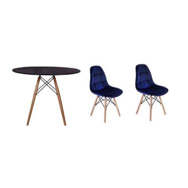Imagem de Kit Mesa Jantar Eiffel 80cm Preta + 02 Cadeiras Botonê Veludo - Azul M