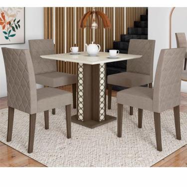 Imagem de Conjunto Sala de Jantar Mesa Quadrada Isis com Vidro 90cm 4 Cadeiras Jade Amêndoa/Off White