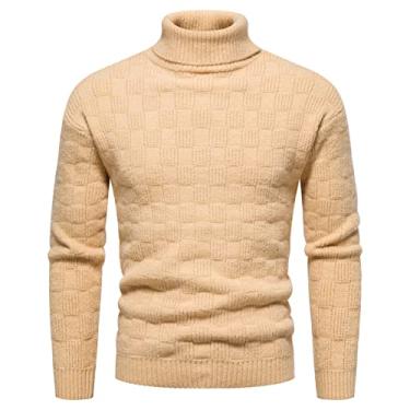 Imagem de Casaco masculino moda inverno casual malha lã gola rolê cor sólida suéter jaqueta top banda 1, Cáqui, M