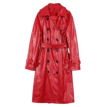 Imagem de Niiyyjj Casaco longo de couro estampado vermelho preto para mulheres sobretudo estilo britânico trespassado, Vermelho, P