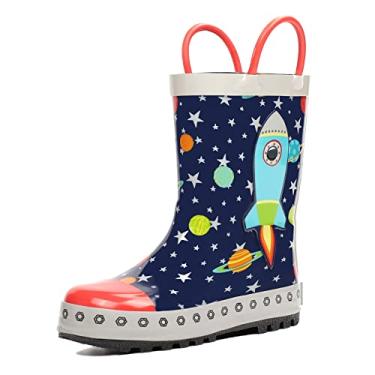 Imagem de Botas de chuva infantis, para crianças pequenas e grandes, botas de borracha impermeáveis para meninas e meninos com estampa animal da Landchief, Foguete azul, 1 Big Kid