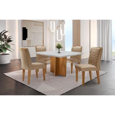 Imagem de Conjunto Sala de Jantar Mesa Olímpia 90cm MDF Canto Reto e 4 Cadeiras Liz Moderna - Turim / Off White / Imbuia