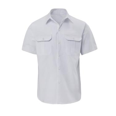 Imagem de Camisa masculina de algodão de manga curta, camisa de verão com botões para praia, camisa básica sólida, camiseta casual com bolso duplo (Color : White, Size : S)