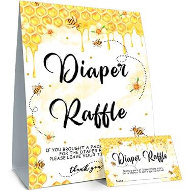 Imagem de Bee Jogos de chá de bebê, bilhetes de rifa de fraldas para chá de bebê, placa de rifa de fraldas, decorações de chás de bebê, lembrancinhas de festa para chás de bebê, cartas de jogo, 1 placa e 50 cartas por pacote