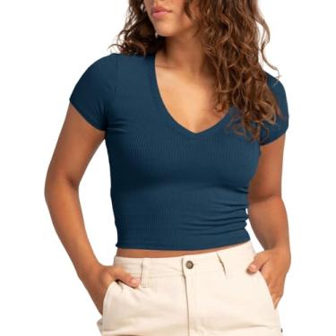 Imagem de Tankaneo Camiseta feminina cropped de verão manga curta gola V slim fit malha canelada camiseta básica Y2k, Azul marino, G