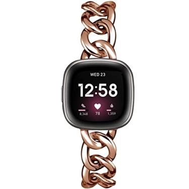 Imagem de Pulseiras de relógio inteligente de corrente de metal para mulheres estilosas, compatíveis com Fitbit Sense/Fitbit Versa 3, pulseiras para mulheres elegantes, pulseira de metal para Fitbit Sense 2/Versa 4 (ouro rosa)