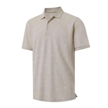 Imagem de VEBOON Camisa polo masculina estampada piqué manga curta casual gola respirável camisa polo clássica para negócios, Caqui, P
