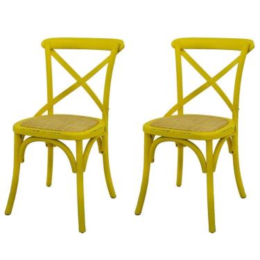 Imagem de Kit 2 Cadeiras Katrina Cross Rivattis Madeira Amarela Assento Rattan Natural