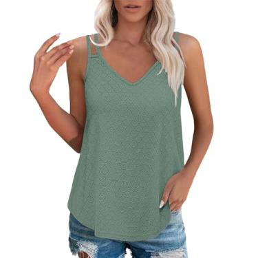 Imagem de Camiseta feminina de cor sólida, moderna, casual, jacquard, alças duplas, sem mangas, em branco, Verde, GG
