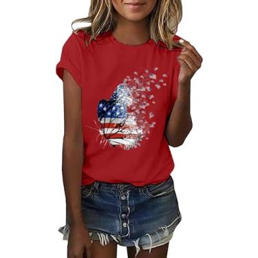 Imagem de Camiseta feminina com bandeira americana patriótica 4th of July Butterfly Graphic Tees Shirts USA Flag Star Stripe Tops, Vermelho, G