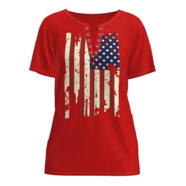 Imagem de Camiseta Patriótica Bandeira Americana 4 de Julho Camiseta feminina American Shirt Stars Stripes Tops Henley Neck Túnica, Vermelho, G