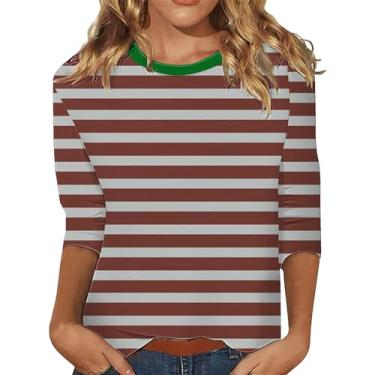 Imagem de Camisetas femininas listradas colorblock manga 3/4 comprimento gola redonda blusas casuais moda verão 2024 moda túnica elegante, X2 - Marrom, G