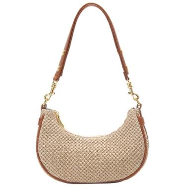 Imagem de RTGGSEL Boho Summer Retro Bolsa Feminina de Palha Rattan Praia Bolsa de Ombro Bolsa Hobo Underarm Bolsa de Palha, Marrom crescente, Boêmio