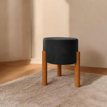 Imagem de Puf ((VELUDO PRETO)) Banco Penteadeira Decorativo redondo-Pés Madeira maciça 45cmx35cm