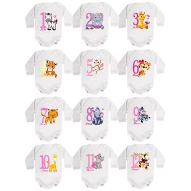 Imagem de kit Body Bebê Mesversario Manga Longa Safari Bichinhos-Feminino