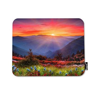 Imagem de Mugod Tapete de mouse natureza montanha rochosa pôr do sol sol flores azuis vermelhas tapete de mouse base de borracha antiderrapante para computador, laptop, PC, jogos, escritório e casa 24 x 19 cm