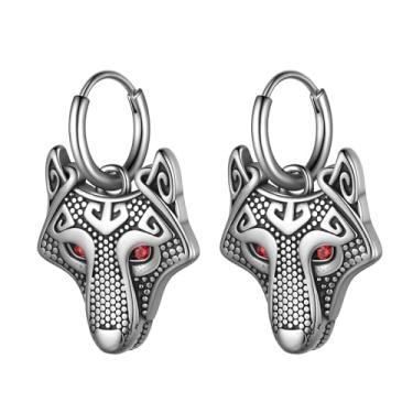Imagem de Brincos viking nórdicos para homens - Aço inoxidável vintage lobo celta lua crescente viking valknut runas Thor Hammer Mjolnir caveira enorme brincos pendentes, Aço inoxidável, Sem pedra preciosa