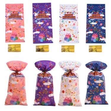 Imagem de fjygwx13 50 unidades de sacos de guloseimas de celofane, sacos de presente de violoncelo, lembrancinhas de festa de aniversário de plástico transparente, laços torcidos dourados