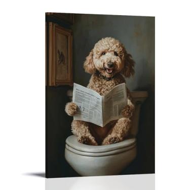 Imagem de Mini Goldendoodle Pet Reading Jornal no vaso sanitário, pintura de parede, pôster realista, impressão de arte para decoração de quarto 12 x 18 polegadas (30 x 45 cm) Moldura-1-2