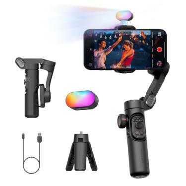 Imagem de AOCHUAN Estabilizador Gimbal de 3 eixos para smartphone, Gimbal com luz de preenchimento magnético RGB, roda de foco de rastreamento facial dobrável para iPhone e Android, gimbal de gravação vlog, kit
