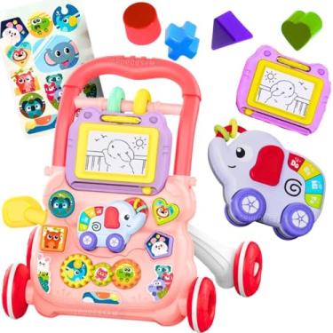 Imagem de Kit carrinho de passeio infantil andador bebe carro de empurrar que vira mesa com atividades didático educativo + lousa magica + brinquedo musical teclado com som, menina, menino 1 ano (Rosa)
