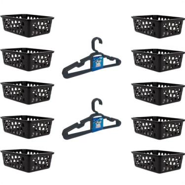 Imagem de Kit 10 Cestos Multiuso 16x12x6Cm e 10 Cabides Infantis Preto - 123 Org