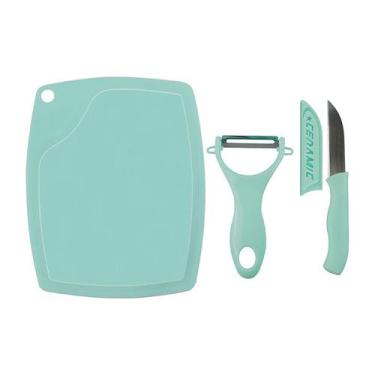 Imagem de Kit Culinário 3 Peças Faca Ceramica Descascador Tábua Azul - Plast Sho