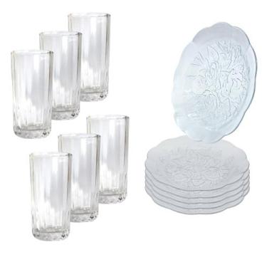 Imagem de Jogo 12 Peças Aparelho de Jantar 6 Pratos Fundo Liso Vidro + 6 Copos L