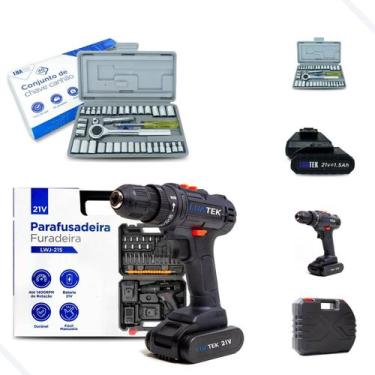 Imagem de Furadeira Parafusadeira 21V 2x Baterias Recarregáveis com Kit Chave Ca