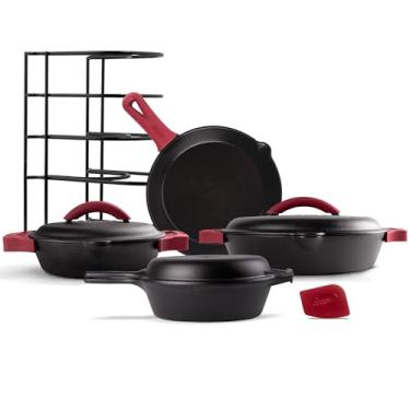 Imagem de Cuisinel Conjunto de panelas pré-temperadas de ferro fundido com 16 peças – 20,32 cm + frigideiras de 30,5 cm + tampas de ferro fundido + frigideira de 25,4 cm + panela 2 em 1 + organizador de 30,5 cm