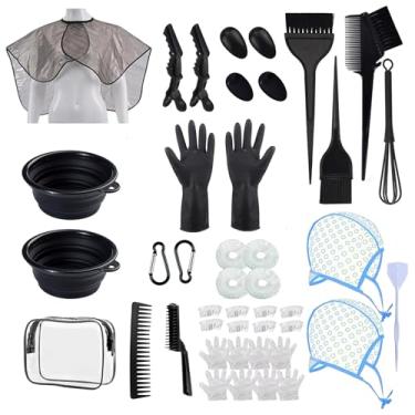 Imagem de Kit de 43 peças de coloração de cabelo profissional para salão de beleza, conjunto de escova e tigela, tampa de cobertura com ganchos de plástico, xale, capa de orelha, luvas, clipe para tingimento de
