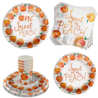 Imagem de One Sweet Peach Artigos para festa de 1º aniversário – Conjunto de 64 peças de utensílios de mesa de primeiro aniversário para meninas, inclui pratos grandes de jantar de 23 cm e pratos de papel de