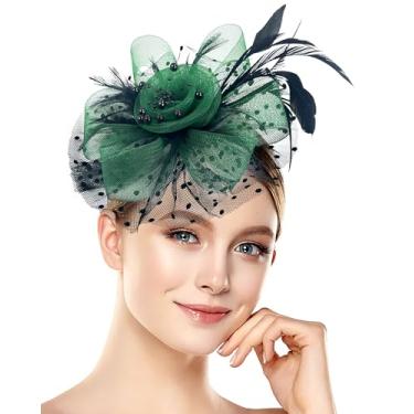 Imagem de Chapéu Fascinators vintage anos 1920, anos 50, para mulheres, festa de chá, Halloween, flores, chá de panela, casamentos, eventos temáticos, Preto, verde, 1 Count (Pack of 1)