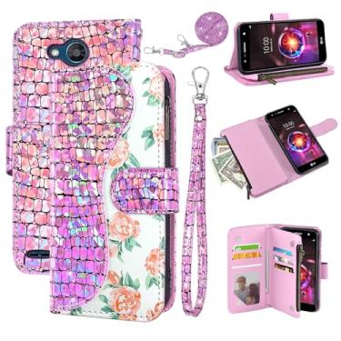 Imagem de Dibosom Capa carteira floral para LG X Charge/Fiesta 2 LTE/X Power 3/X5/LV7 com alça de pulso alça de ombro flip zíper bolsa porta-cartões, capa de telefone com glitter para LG-M322 XPower 2 SP320