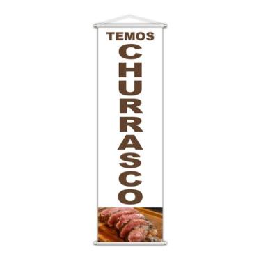 Imagem de Banner Temos Churrasco Carne Serviço Lona Branco 100x30cm - PlimShop
