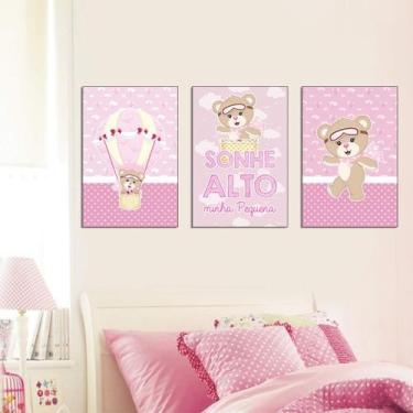 Imagem de Quadros Decorativos Ursinha Baloeira kit 3-20x30cm Rosa Infantil Crian
