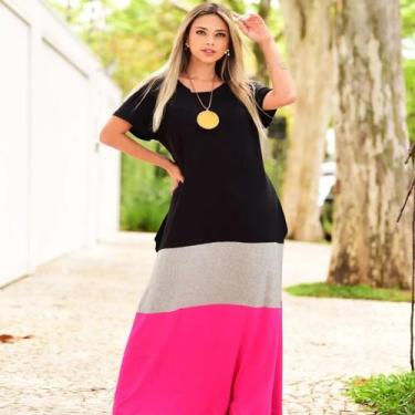 Imagem de Vestido Plus Size Longo Manga Viscolycra Malha com Bolso Tricolor Pret