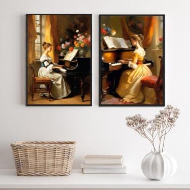 Imagem de Kit 2 Quadros Vintage Mulher Tocando Piano 24x18cm - com vidro - Quadr