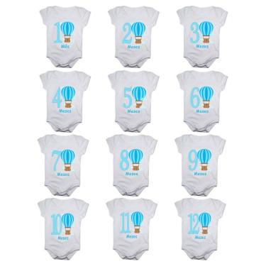 Imagem de Kit body bebê mesversario manga curta estampa balões 12 bodies 1 a 12 meses