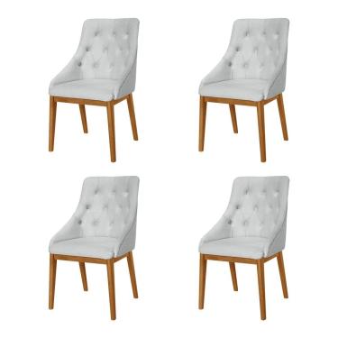 Imagem de Kit 4 Cadeiras De Jantar Luxo Estofada Elisa Anatômica Capitonê Linho Cinza Base Madeira Maciça