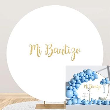 Imagem de Leyiyi Capa de fundo redonda Mi Bautizo de 1,8 x 1,8 m de poliéster, pano de fundo redondo branco puro para decoração de batismo, festa de batizado, Deus abençoe a primeira comunhão, faixa de chá de