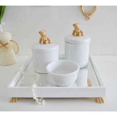 Imagem de Kit Higiene K049 Bandeja MDF Porcelanas Apliques Dourado Quarto Bebê -