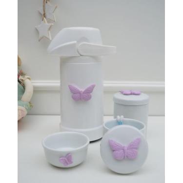Imagem de kit Higiene Bebê Potes K022 Borboleta Cotonete Algodão Limpeza Porcela