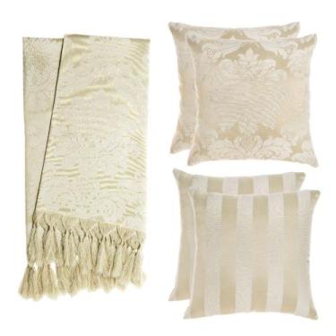 Imagem de Kit 1 Manta e 4 Capas de Almofada em Tecido Jacquard Tradicional Bege