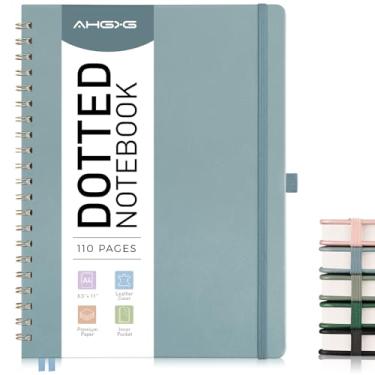 Imagem de AHGXG Caderno espiral de 21,6 cm x 28 cm, caderno grande de couro A4 pontilhado de capa dura, papel quadriculado de 100 g/m², bolso interno, para diário de balas, azul cinza