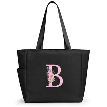 Imagem de KALIDI Sacola de praia personalizada, bolsa de compras com zíper inicial do alfabeto para mãe, professora, amiga, casamento, compras diárias, Preto, B, Large