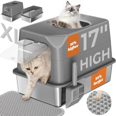 Imagem de Caixa de areia para gatos de aço inoxidável com tampa, caixa de areia de metal extra grande com entrada superior aberta / fechada XL com colher de areia com tapete, não pegajosa, fácil de limpar,