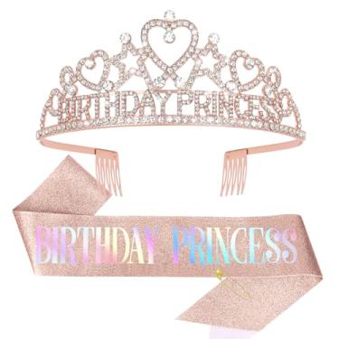 Imagem de CIEHER CIHER Faixa de aniversário e coroa de aniversário para mulheres, meninas, coroa de princesa e faixa de aniversário, decoração de festa de princesa, presentes de aniversário - ouro rosa