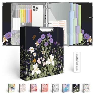 Imagem de Fichário de 3 anéis de 5 cm para papel de 21,6 cm x 28 cm, três fichários com prancheta, 5 divisórias com abas e bolsos, pasta de plástico, 18 divisórias, fichário preto decorativo com suporte para